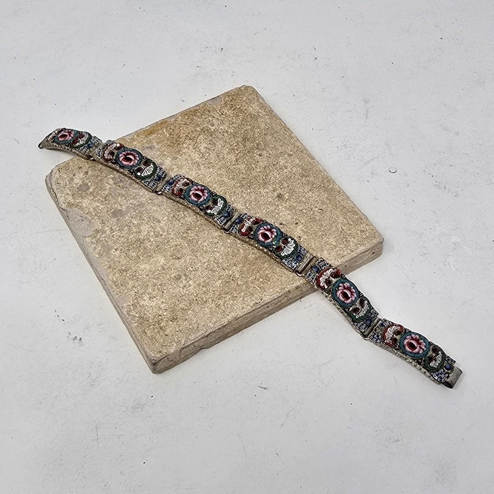 Vtg Italian micro mosaic link panel bracelet floral glass artsy tesserae tiles